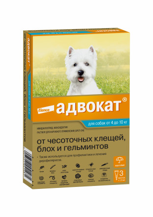 Bayer Адвокат капли от клещей, блох и гельминтов для собак весом от 4 до 10 кг - 3 пипетки
