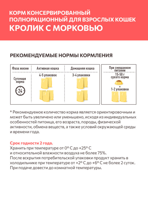 Sirius влажный корм для взрослых кошек с кроликом и морковью в соусе, в паучах - 85 г х 24 шт