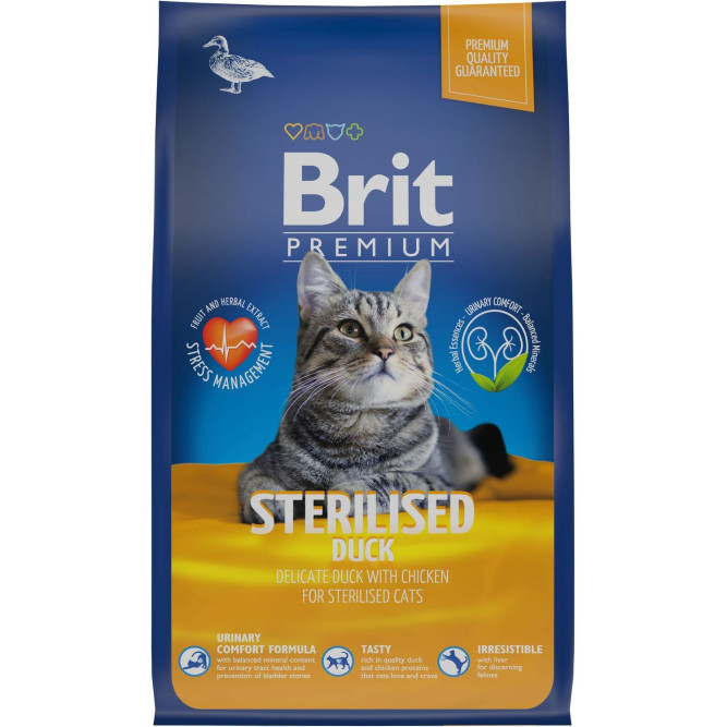 Брит Премиум Cat Sterilised сухой корм для взрослых стерилизованных кошек с уткой и курицей - 800 г