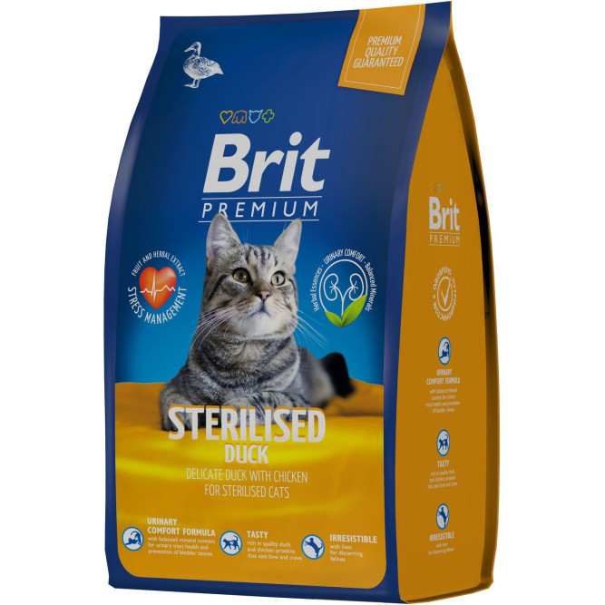 Брит Премиум Cat Sterilised сухой корм для взрослых стерилизованных кошек с уткой и курицей - 800 г