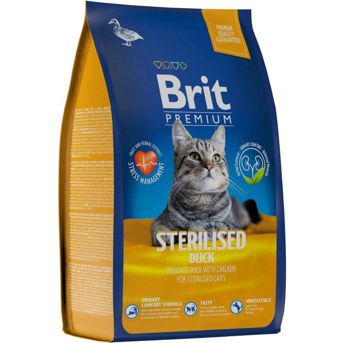Брит Премиум Cat Sterilised сухой корм для взрослых стерилизованных кошек с уткой и курицей - 800 г