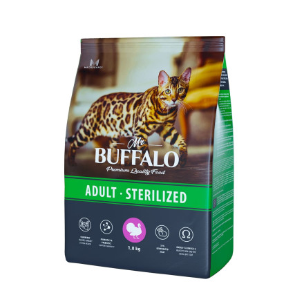 Mr.Buffalo Castrated полнорационный сухой корм для взрослых стерилизованных котов и кошек с индейкой - 1,8 кг