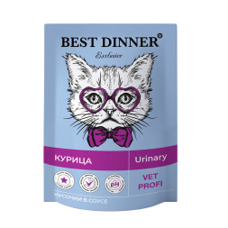 Best Dinner Exclusive Vet Profi Urinary диетические паучи для взрослых кошек для профилактики мочекаменной болезни (МКБ), с курицей, кусочки в соусе - 85 г х 24 шт