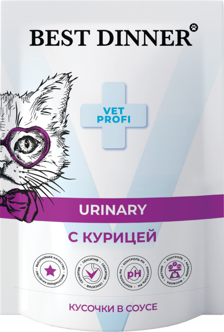 Best Dinner Exclusive Vet Profi Urinary диетические паучи для взрослых кошек для профилактики мочекаменной болезни (МКБ), с курицей, кусочки в соусе - 85 г х 24 шт