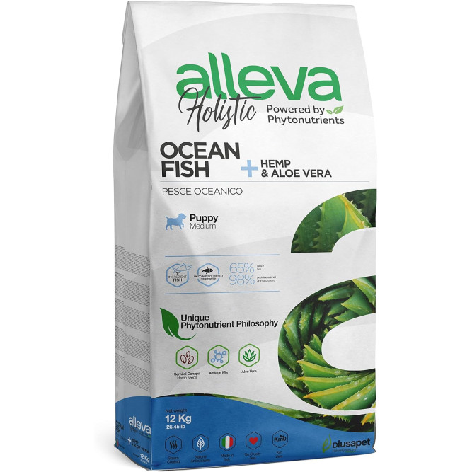 Alleva Holistic Puppy/Junior Ocean Fish Medium сухой корм для щенков средних пород с океанической рыбой, коноплей и алое вера 12 кг