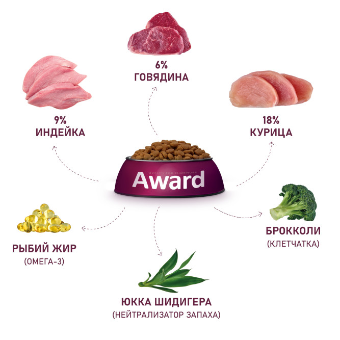 AWARD Indoor Big Cats сухой корм для взрослых домашних кошек крупных пород, с говядиной, курицей, брокколи и юккой Шидигера - 10 кг