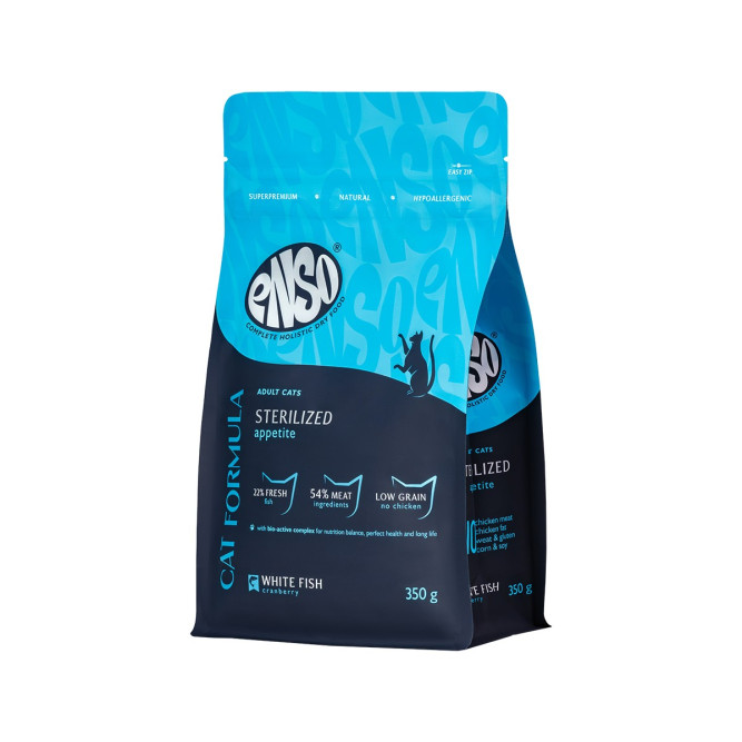 ENSO Cat Formula Sterilized сухой корм для взрослых стерилизованных кошек со свежей белой рыбой и добавлением клюквы - 350 г