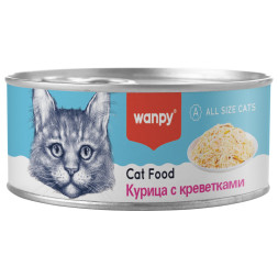 Wanpy Cat влажный корм для взрослых кошек с кусочками курицы и креветок, в консервах - 95 г х 24 шт