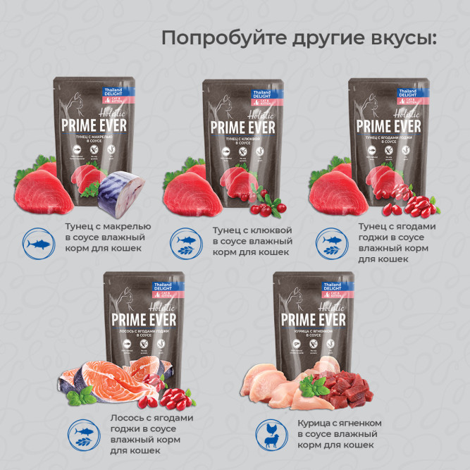 Prime Ever Holistic влажный корм для взрослых кошек с лососем и ягодами годжи в соусе, в паучах - 85 г х 24 шт