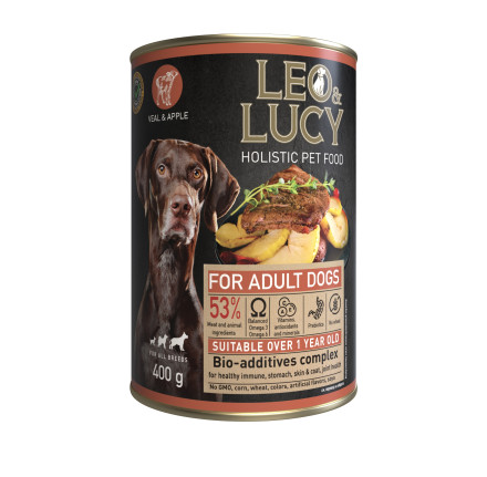 LEO&amp;LUCY влажный холистик корм для взрослых собак всех пород с телятиной и яблоком, паштет, в консервах - 400 г х 24 шт