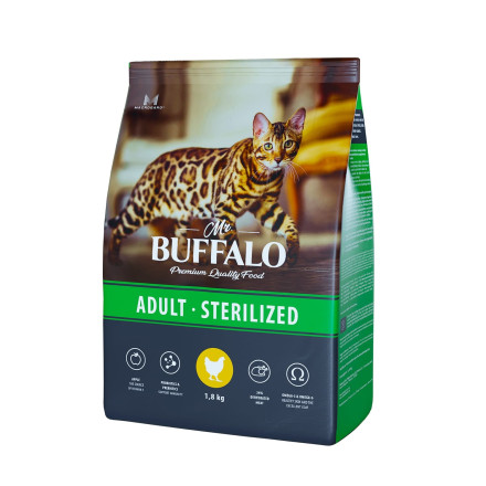 Mr.Buffalo Castrated полнорационный сухой корм для взрослых стерилизованных котов и кошек с курицей - 1,8 кг