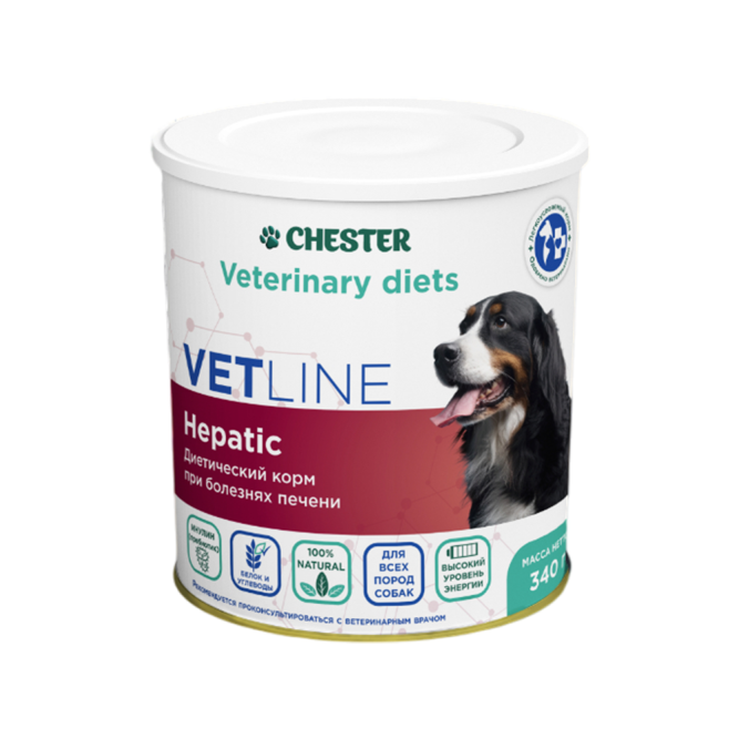 Chester Vetline Hepatic влажный диетический корм для взрослых собак при заболеваниях печени, со свининой, в консервах - 340 г х 6 шт