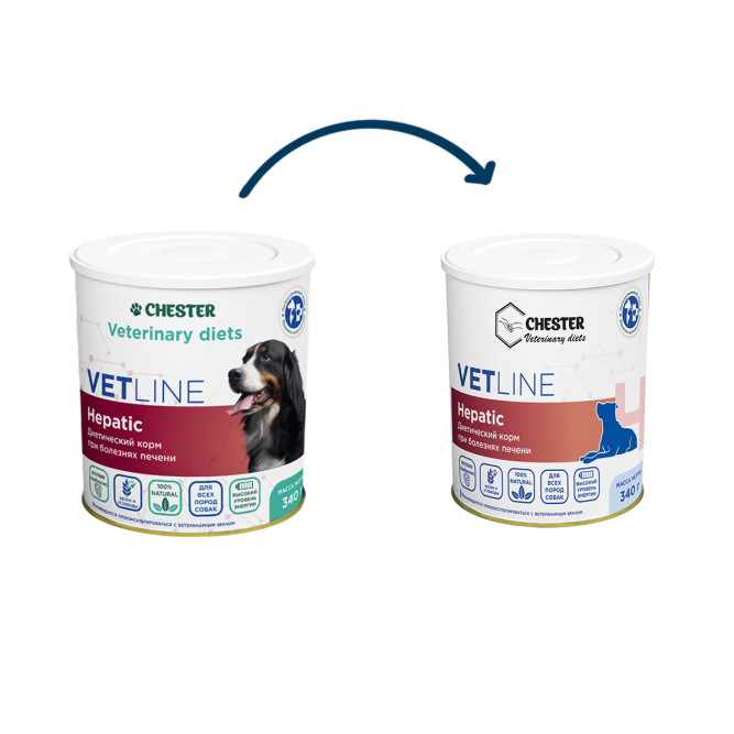 Chester Vetline Hepatic влажный диетический корм для взрослых собак при заболеваниях печени, со свининой, в консервах - 340 г х 6 шт