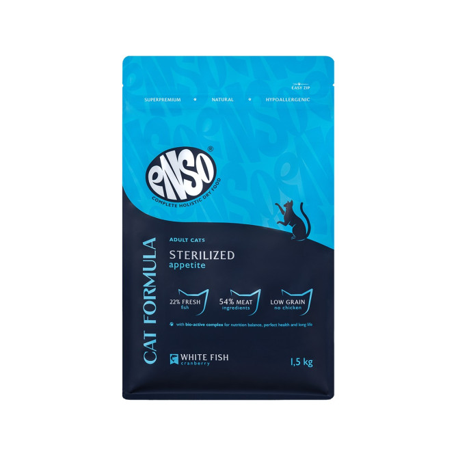 ENSO Cat Formula Sterilized сухой корм для взрослых стерилизованных кошек со свежей белой рыбой и добавлением клюквы - 1,5 кг