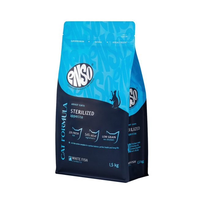 ENSO Cat Formula Sterilized сухой корм для взрослых стерилизованных кошек со свежей белой рыбой и добавлением клюквы - 1,5 кг