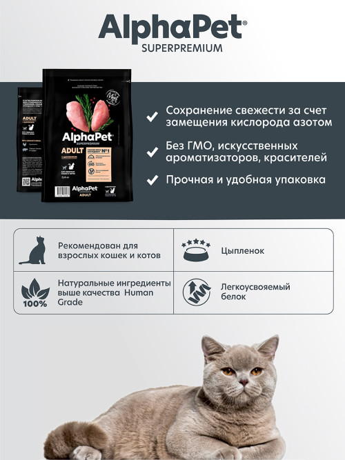 AlphaPet Superpremium сухой корм для взрослых кошек с цыпленком - 400 г