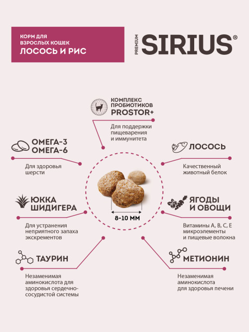 Sirius сухой корм для взрослых кошек с лососем и рисом - 12 кг