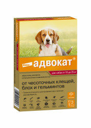 Bayer Адвокат капли от клещей, блох и гельминтов для собак весом от 10 до 25 кг - 3 пипетки