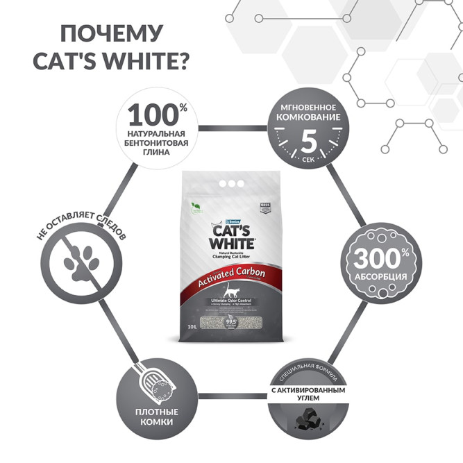 Cat's White Activated Carbon наполнитель комкующийся для кошачьего туалета с активированным углем - 10 л