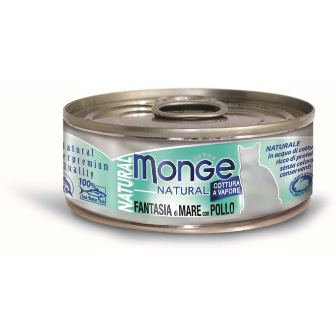 Monge Cat Natural влажный корм для взрослых кошек с курицей и морепродуктами в консервах 80 г (24 шт в уп)