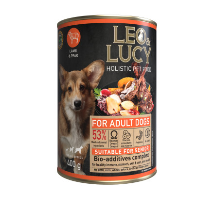 LEO&amp;LUCY влажный холистик корм для взрослых и пожилых собак всех пород с ягненком и грушей, паштет, в консервах - 400 г х 24 шт
