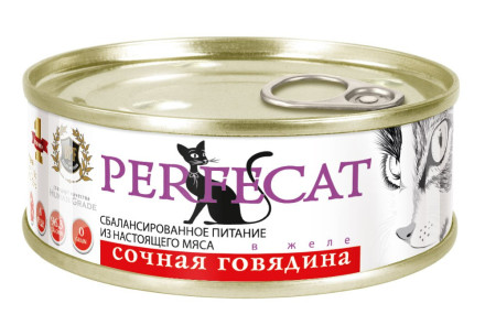 PERFECAT влажный монобелковый корм для взрослых кошек с сочной говядиной в желе, в консервах - 100 г х 24 шт