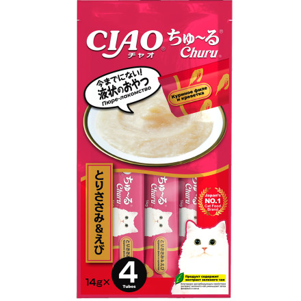Inaba Ciao Churu лакомство-пюре для кошек с куриным филе и креветкой - 14 г х 4 шт