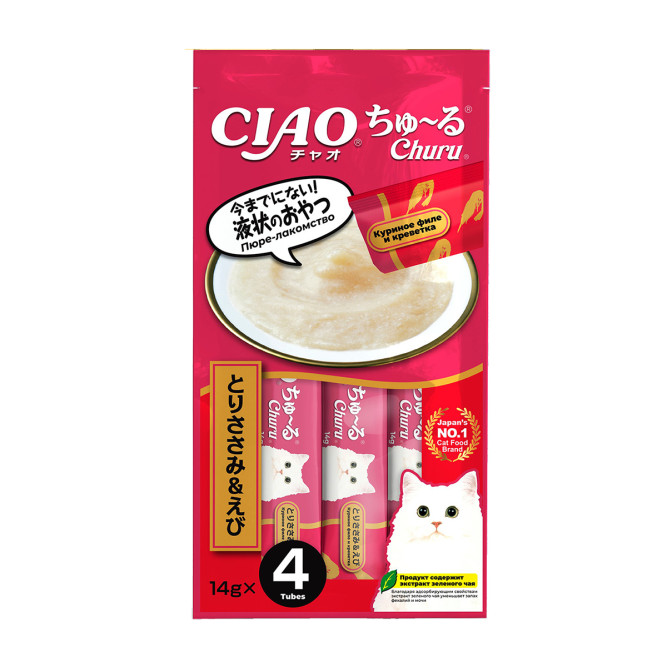 Inaba Ciao Churu лакомство-пюре для кошек с куриным филе и креветкой - 14 г х 4 шт