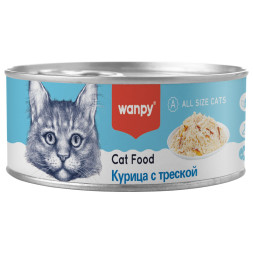 Wanpy Cat влажный корм для взрослых кошек с кусочками курицы и трески, в консервах - 95 г х 24 шт