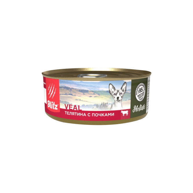 Blitz Holistic влажный корм для взрослых кошек, нежное суфле с телятиной и почками, в консервах - 100 г х 12 шт