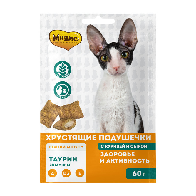 Мнямс хрустящие подушечки Здоровье и активность с курицей и сыром для кошек - 60 г