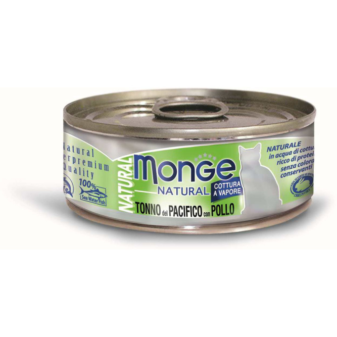 Monge Cat Natural влажный корм для взрослых кошек с тунцом и курицей в консервах 80 г (24 шт в уп)