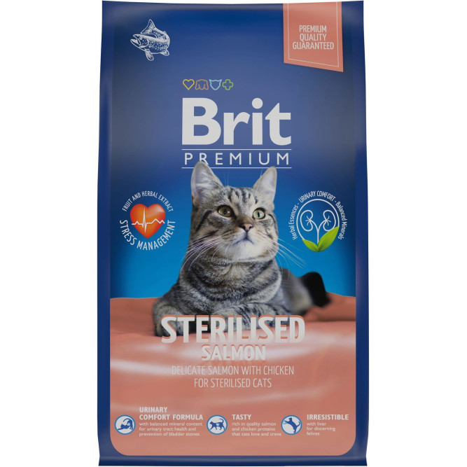 Брит Премиум Cat Sterilised сухой корм для взрослых стерилизованных кошек с курицей и лососем - 800 г