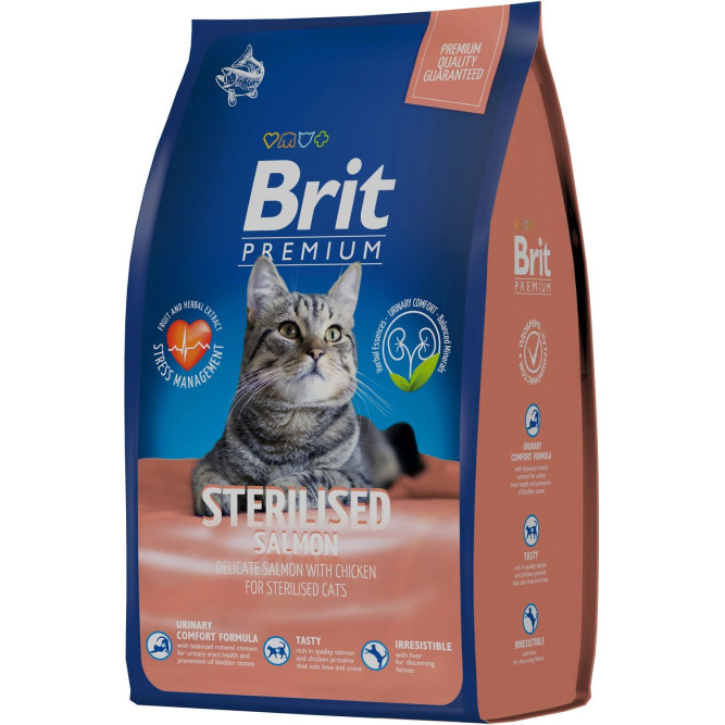 Брит Премиум Cat Sterilised сухой корм для взрослых стерилизованных кошек с курицей и лососем - 800 г