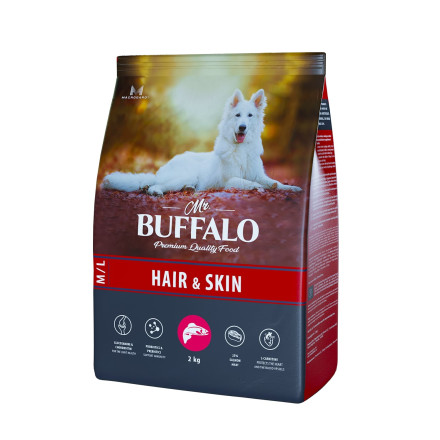 Mr.Buffalo Hair &amp; Skin Care полнорационный сухой корм для взрослых собак всех пород, для здоровой кожи и красивой шерсти, с лососем - 2 кг