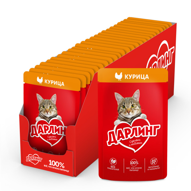 Дарлинг влажный корм для взрослых кошек с курицей в подливе, в паучах - 75 г х 26 шт