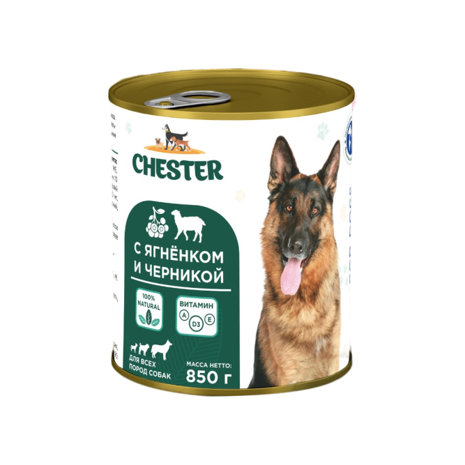 Chester влажный корм для взрослых собак всех пород, с ягненком и черникой, в консервах - 850 г х 6 шт