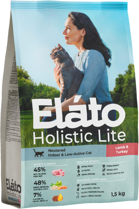 Elato Holistic Lite полнорационный сухой корм для кастрированных котов и стерилизованных кошек, с ягненком и индейкой - 1,5 кг