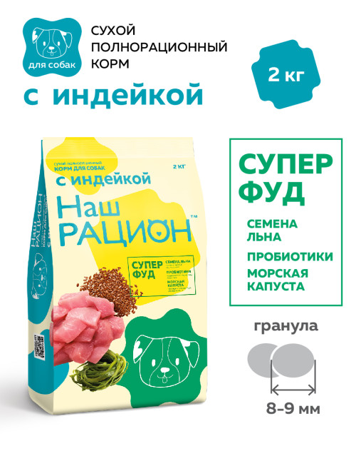 Наш Рацион сухой корм для взрослых собак всех пород, с индейкой - 2 кг