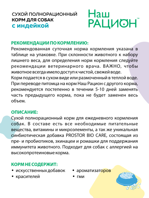 Наш Рацион сухой корм для взрослых собак всех пород, с индейкой - 2 кг