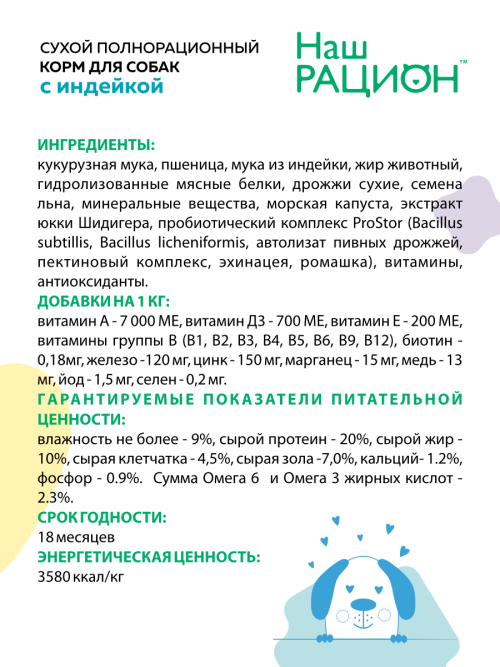 Наш Рацион сухой корм для взрослых собак всех пород, с индейкой - 2 кг