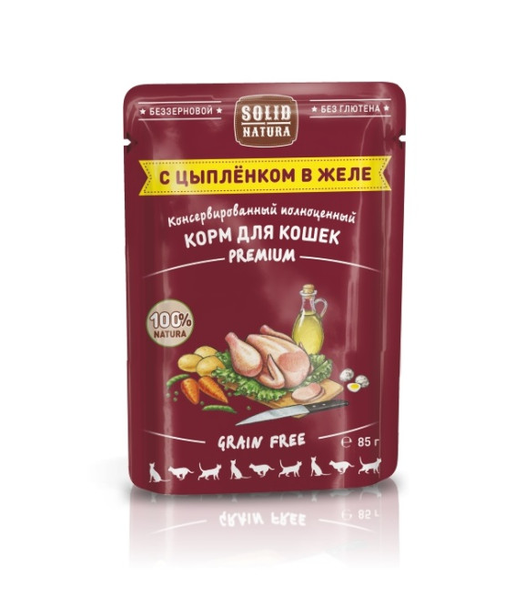 Solid Natura Premium паучи для взрослых кошек кусочки в желе с цыпленком - 85 г х 14 шт
