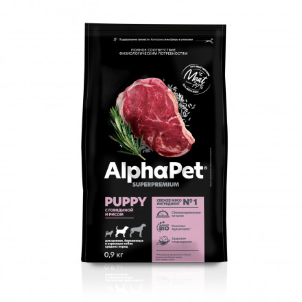 AlphaPet Superpremium сухой полнорационный корм для щенков, беременных и кормящих собак средних пород с говядиной и рисом - 900 г
