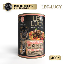 LEO&amp;LUCY влажный холистик корм для щенков мясное ассорти с овощами, паштет, в консервах - 400 г х 24 шт