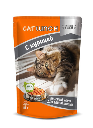 Cat Lunch влажный корм для взрослых кошек кусочки в желе с курицей, в паучах - 85 г х 24 шт
