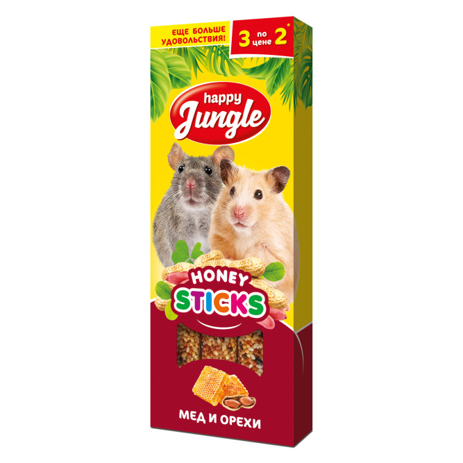 Happy Jungle лакомство для мелких грызунов, палочки, мед и орехи - 3 шт