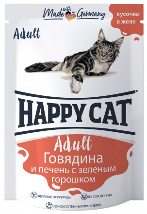 Happy Cat Adult влажный корм для взрослых кошек с говядиной, печенью и зеленым горошком в желе в паучах - 100 г (22 шт в уп)