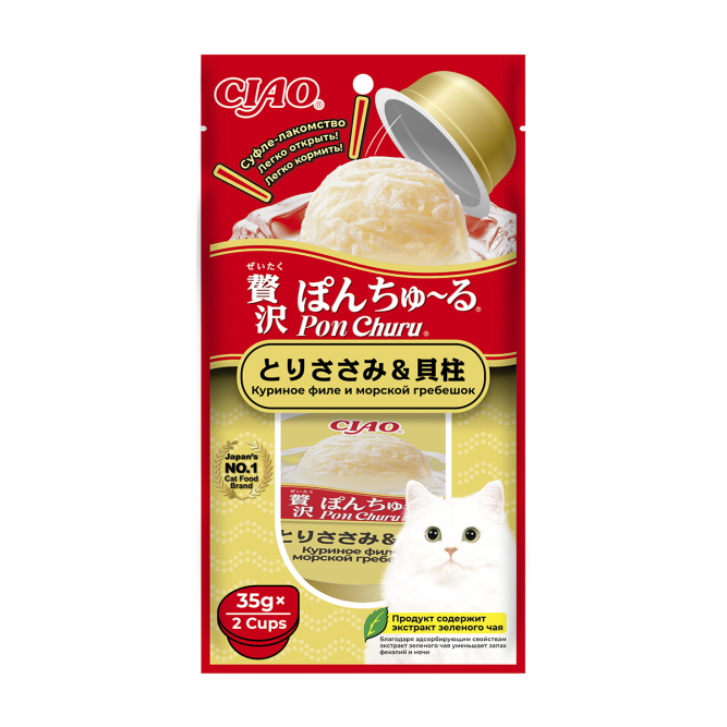 Inaba Ciao Pon Churu лакомство суфле для взрослых кошек с куриным филе и морским гребешком - 35 г х 2 шт