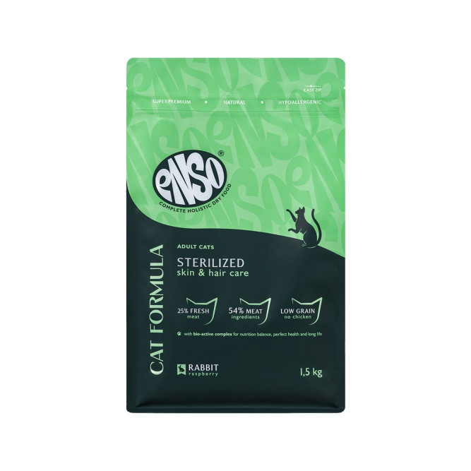 ENSO Cat Formula Sterilized сухой корм для взрослых стерилизованных кошек со свежим кроликом и добавлением малины - 1,5 кг