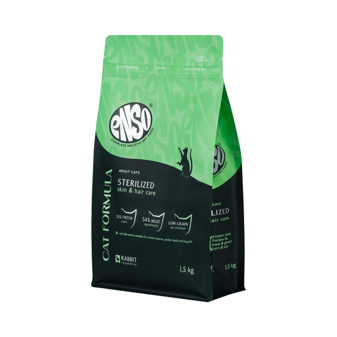 ENSO Cat Formula Sterilized сухой корм для взрослых стерилизованных кошек со свежим кроликом и добавлением малины - 1,5 кг
